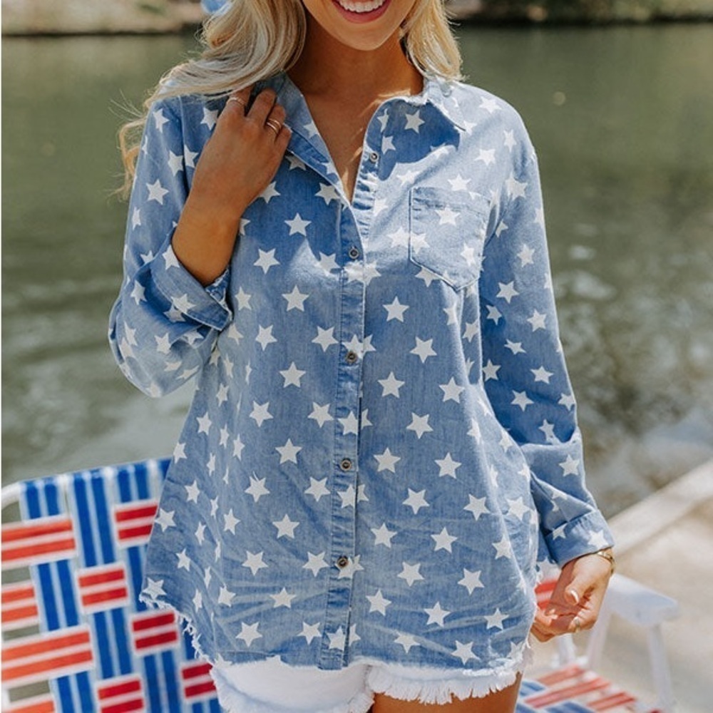 Chambray Stars Button Down Shirt Small Raw Hem Americana Minimalist Frayed NWT